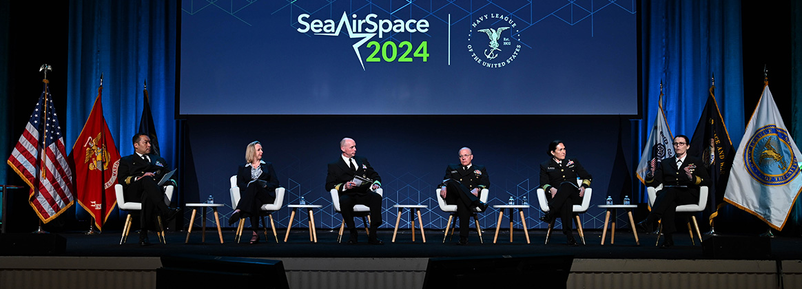 NATIONAL HARBOR, Md. (April 9, 2024) Keynote speakers for the Naval Sustainment System-Supply (NSS-S) 2.0 panel speak during the 2024 Sea, Air, and Space (SAS) Exposition, April 9, 2024. 